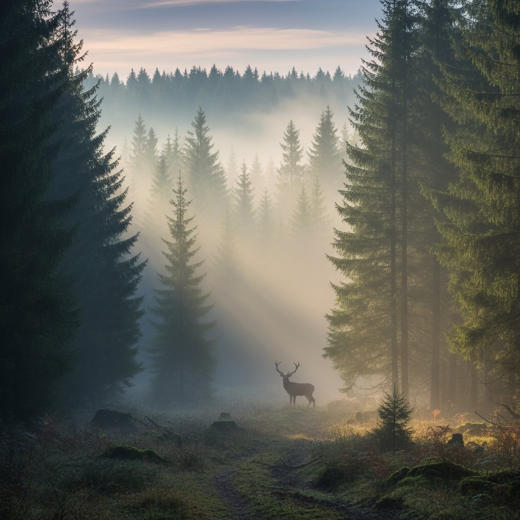 Nebliger Schwarzwald bei Sonnenaufgang mit Hirsch